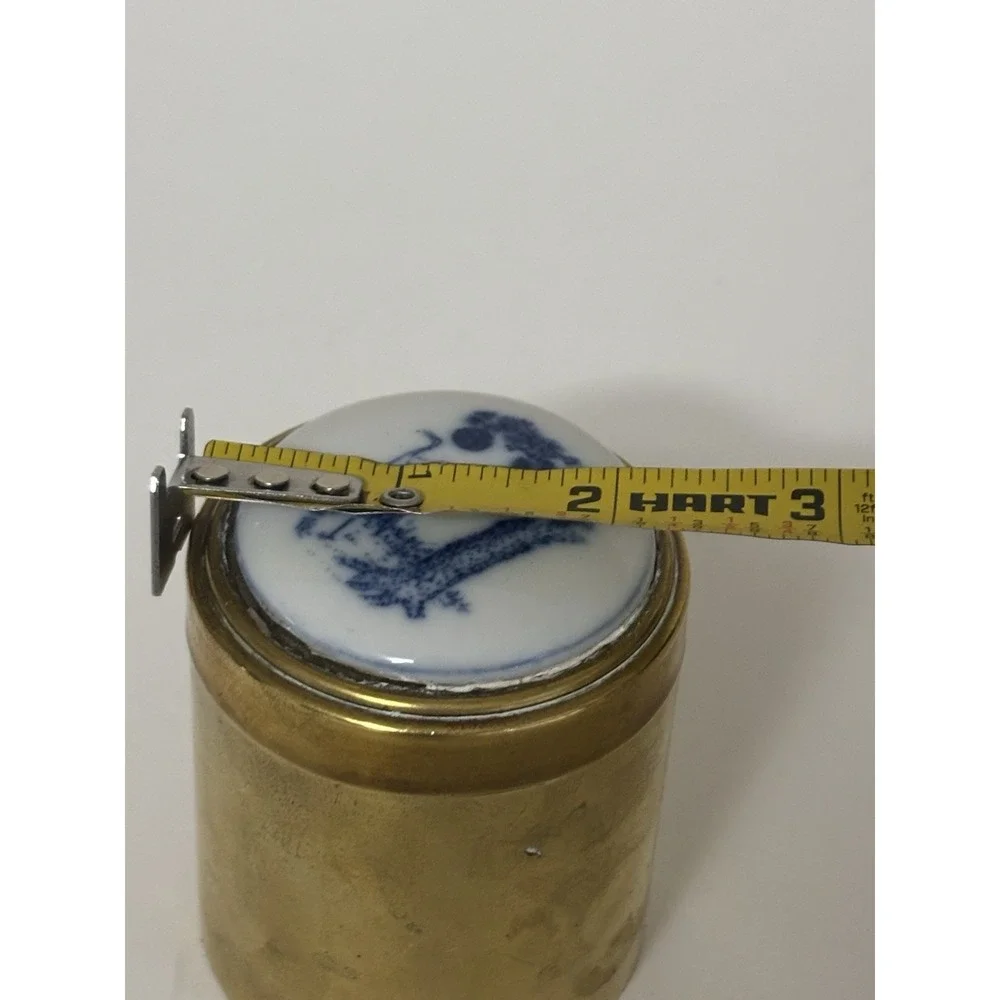Round Brass Container with Removable Ceramic Painted Chinoiserie 2 Cranes Lid